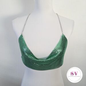 Green sequin crop halter top with silver chain straps